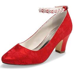 JIAJIA 62311A Damen Brautschuhe Closed Toe Chunky Heel Spitze Satin Pumps Satin Blume Hochzeitsschuhe Farbe Rot,Größe 40 EU (6.5 UK) von JIAJIA