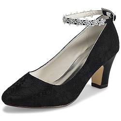 JIAJIA 62311A Damen Brautschuhe Closed Toe Chunky Heel Spitze Satin Pumps Satin Blume Hochzeitsschuhe Farbe Schwarz,Größe 38 EU (5 UK) von JIAJIA