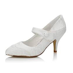 JIAJIA 9897711 Frauen Brautschuhe Geschlossene Zehen Mittlerer Absatz Spitze Satin Pumps Hochzeitsschuhe Farbe Elfenbein,Größe 35 EU von JIAJIA