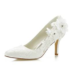 Mrs Right 1622 Frauen Brautschuhe Closed Toe Stöckelabsatz Spitze Satin Pumps Satin Blume Nachahmung Perlen Hochzeit Schuhe Farbe Elfenbein,Größe 36 EU ( 3 UK ) von JIAJIA