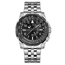 JIANDUN Herrenmode Luxus GMT Alle 316L Edelstahl Uhren für Männer Business Datum Chronograph Analog Schweizer Quarz Armbanduhren, Silber-schwarzer Kreis, Modern, JD37307A von JIANDUN