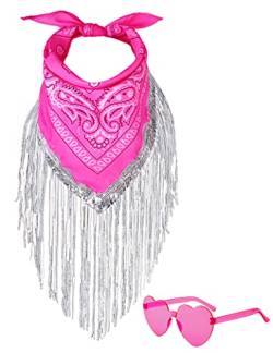 JIANGLAI Fransen Bandana mit Herz Sonnenbrille, Strass Bandana Disco Cowgirl Dekorationen Outfit für Frauen Junggesellinnenabschied, hot pink von JIANGLAI