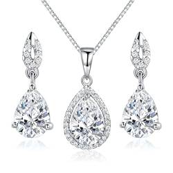 JIANGXIN 925 Sterling Silber 5A Zirkonia Schmuckset Damen Kette Tropfen Ohrring Halskette Anhänger Ohrstecker 45CM Kettenlänge Geschenkverpackung mit Schöne Schmuck Box von JIANGXIN