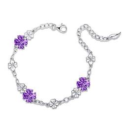 JIANGXIN Birthstone Edelstein Kreirter Amethyst Herz Damen Armband 925 Sterling Silber Armkette Glücksbringer Lucky clover für Frauen Mädchen Armbänder Valentinstag von JIANGXIN