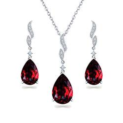 JIANGXIN Klassisch Granat Geburtsstein Schmuckset 925 Sterling Silber Frau Kette Damen Halskette Ohrring Ohrstecker Tropfenschliff Edelstein Mit 45+5CM Kette Mit Exquisite SchmuckBox von JIANGXIN