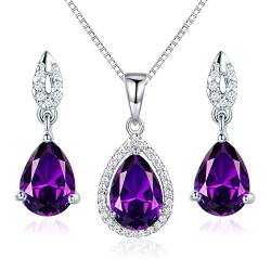 JIANGXIN Schmuckset Silber 925 Damen Kette Ohrring Halskette Anhänger Ohrstecker Tropfen Edel mit Amethyst Geschenk Verpackung 40+5CM Kettenlänge Geschenke für Party/Jahrestag/Geburtstag von JIANGXIN