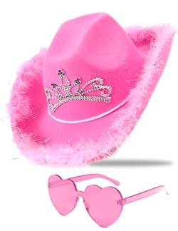 Cowboyhut Rosa Cowgirl Hut mit Pailletten & Tiara Krone für Frauen Rodeo Party Hüte mit Herz Brille (Rosa), Rosa von JICASTO