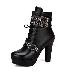 Damenmode Schnür-Reißverschluss Blockabsatz High Heel Rundzehe Plattform Leichtes Gehen Bequeme Kurzschaft Stiefel für Damen z39961 von JIEEME