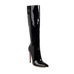 JIEEME Patent leather fashion pointed toe stiletto zipper super high heel with 12 cm easy walking knee-high boots for women big size t82832 von JIEEME
