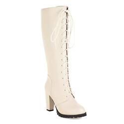 JIEEME Synthetic elegant round toe block heel zipper lace-up high heel with 9.5 cm easy walikng knee-high boots for women big size 35-46 t76-52 von JIEEME