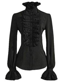 JIER Damen Lotus Shirts Bluse Aufstehen Halsband Rüsche Blusen Viktorianische Vintage Lolita Langarm Rüschenbluse Tops Gothic Steampunk Hemd (Schwarz,Medium) von JIER-Langarmshirt