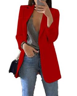 JIER Damen Elegant Langarm Blazer Langärmliger Anzugjacke Einfarbig Cardigan Business Slim Fit Bolero Jacke Anzug Trenchcoat Mantel mit Tasche (Rot,Large) von JIER-Ms. Jacke