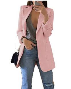 JIER Damen Elegant Langarm Blazer Sakko Einfarbig Business Slim Fit Revers Geschäft Büro Jacke Cardigan Kurz Mantel Anzüge Bolero mit Tasche (Rosa,Large) von JIER-Ms. Jacke