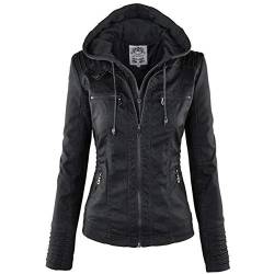 JIER Damen Reißverschluss Lederjacke mit Kapuzen Kunstleder Jacke Motorradjacke Bikerjacke Kapuzenjacke Übergangsjacke Oberbekleidung (Schwarz,X-Large) von JIER-Ms. Jacke