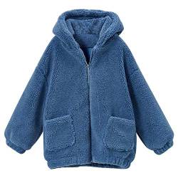 JIER Damen Teddyjacke mit Kapuzen Plüsch Jacke Herbst Winter Plüschjacke Übergangsjacke Outwear Strickjacke Langarm Teddy-Fleece Mantel Coat (Blau,X-Large) von JIER