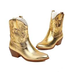 JIFAENY Herbst Winter Western Mittelstiefel für Damen klobige Absätze Vintage Cowgirl Cowboystiefel Retro Schuhe für Damen Gold 41 von JIFAENY