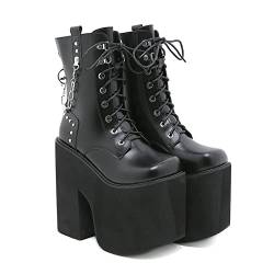 JIFAENY Women Goth Punk Chunky Heels Combat Boots Lace Up Patent Vegan Platform Boots-black shoes,EU 38 von JIFAENY