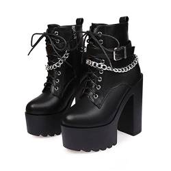 JIFAENY Women Gothic Buckle Strap Ankle Boots Leather Platform Block Chunky Heels Chain Motorcycle Boots-Black,EU 37 von JIFAENY