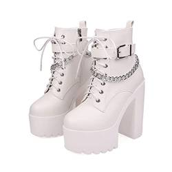 JIFAENY Women Gothic Buckle Strap Ankle Boots Leather Platform Block Chunky Heels Chain Motorcycle Boots-White,EU 37 von JIFAENY