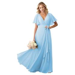 JIIL Brautjungfer Kleid Chiffon Lang - V-Ausschnitt Elegant Hochzeit Partykleid für Damen Hellblau 42 von JIIL