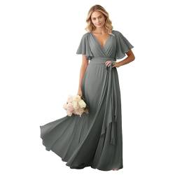 JIIL Brautjungfer Kleid Chiffon Lang - V-Ausschnitt Elegant Hochzeit Partykleid für Damen Stahlgrau 38 von JIIL
