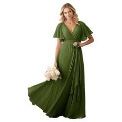 JIIL Brautjungfer Kleid Lang A-Linie 2024 Elegant Abendkleid für Hochzeit Rüschenärmel V-Ausschnitt Festkleid Dunkel-olivgrün 50 von JIIL
