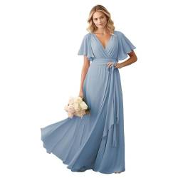 JIIL Brautjungfer Kleid Lang A-Linie 2024 Elegant Abendkleid für Hochzeit Rüschenärmel V-Ausschnitt Festkleid Grau-blau 50 von JIIL