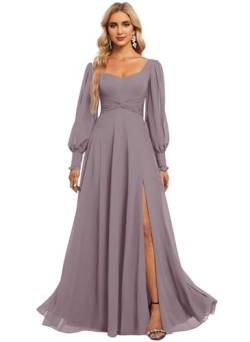 JIIL Brautjungfer Kleid mit Ärmel Lang A-Linie Hochzeitsgast Kleid Formell Partykleid mit Schlitz Mauve 36 von JIIL