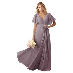 JIIL Brautjungfernkleider Lang Damen Abendkleid - V-Ausschnitt Kurzarm Hochzeitsgast Kleid Mauve 40 von JIIL