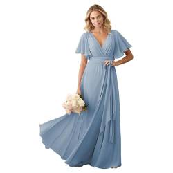 JIIL Brautjungfernkleider Lang V-Ausschnitt Chiffon - Abendkleid Rüschenärmel Elegant Hochzeitsgast Kleid für Frauen Grau-blau 48 von JIIL