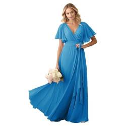 JIIL Brautjungfernkleider Lang V-Ausschnitt Chiffon - Abendkleid Rüschenärmel Elegant Hochzeitsgast Kleid für Frauen Meerblau 48 von JIIL