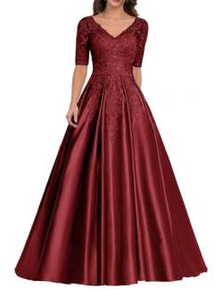 JIIL Brautmutter Kleid mit Ärmel - Satin Lang Elegant Abendkleid für Frauen Übergröße Hochzeitskleid Spitze Applikationen Burgund 38 von JIIL