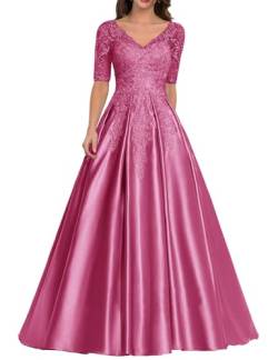 JIIL Brautmutter Kleid mit Ärmel - Satin Lang Elegant Abendkleid für Frauen Übergröße Hochzeitskleid Spitze Applikationen Fuchsie 38 von JIIL