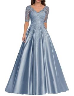 JIIL Brautmutter Kleid mit Ärmel - Satin Lang Elegant Abendkleid für Frauen Übergröße Hochzeitskleid Spitze Applikationen Grau blau 38 von JIIL