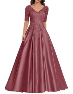 JIIL Brautmutter Kleid mit Ärmel - Satin Lang Elegant Abendkleid für Frauen Übergröße Hochzeitskleid Spitze Applikationen Himbeere 38 von JIIL