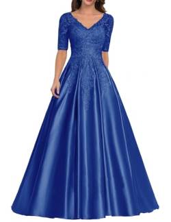 JIIL Brautmutter Kleid mit Ärmel - Satin Lang Elegant Abendkleid für Frauen Übergröße Hochzeitskleid Spitze Applikationen Königsblau 52 von JIIL