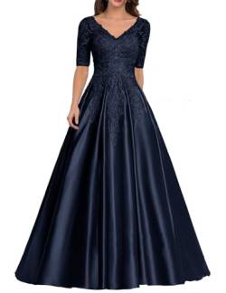 JIIL Brautmutter Kleid mit Ärmel - Satin Lang Elegant Abendkleid für Frauen Übergröße Hochzeitskleid Spitze Applikationen Navy blau 38 von JIIL