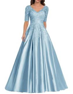 JIIL Brautmutterkleid mit Ärmel Spitze - Lang Elegant Abendkleid für Hochzeit Damen Satin A-Linie Festkleid Hell blau 46 von JIIL
