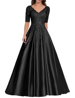 JIIL Brautmutterkleid mit Ärmel Spitze - Lang Elegant Abendkleid für Hochzeit Damen Satin A-Linie Festkleid Schwarz 46 von JIIL
