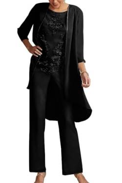 JIIL Damen 3 Teilig Hosenanzug - Elegant Abendanzug Set mit Jacke Langarm Festliche Hosen Set Schwarz 54 von JIIL