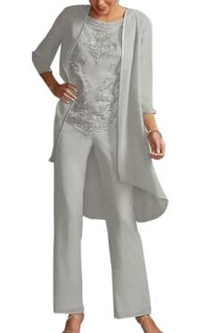 JIIL Damen 3 Teilig Hosenanzug - Elegant Abendanzug Set mit Jacke Langarm Festliche Hosen Set Silber 40 von JIIL