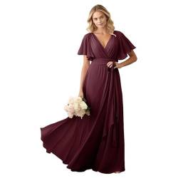 JIIL Damen Brautjungfer Kleid Lang - Chiffon Schlicht Hochzeit Gast Kleid mit Ärmel V-Ausschnitt Elegant Abendkleid Dunkel-rot 46 von JIIL