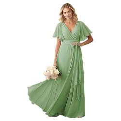 JIIL Damen Brautjungfer Kleid Lang - Chiffon Schlicht Hochzeit Gast Kleid mit Ärmel V-Ausschnitt Elegant Abendkleid Grasgrün 46 von JIIL