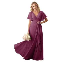 JIIL Damen Brautjungfer Kleid Lang - Chiffon Schlicht Hochzeit Gast Kleid mit Ärmel V-Ausschnitt Elegant Abendkleid Himbeerenrot 46 von JIIL