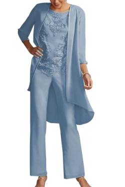 JIIL Damen Festlich Hosenanzug - 3 Teilig Chiffon Anzug Set mit Jacke für Brautmutter Grau blau 46 von JIIL