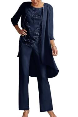 JIIL Damen Festlich Hosenanzug - 3 Teilig Chiffon Anzug Set mit Jacke für Brautmutter Navy blau 46 von JIIL