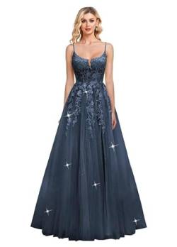 JIIL Damen Spaghettiträger Abendkleider Glitzer Tüll Abschlussballkleider Lang Spitze Applikationen Formale Ballkleid Marineblau 38 von JIIL