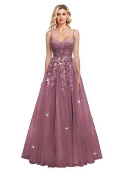 JIIL Damen Spaghettiträger Ballkleid Glitzer Tüll Abendkleider Lang Spitze Applikationen Formale Abschlussballkleider Wüstenrose 40 von JIIL