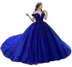 JIIL Damen Tüll Glitzer Abendkleider Lang Schulterfrei Brautkleid Hochzeitskleider V-Ausschnitt Prinzessin Formale Quinceanera Kleid Königsblau 58 von JIIL