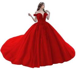 JIIL Damen Tüll Glitzer Abendkleider Lang Schulterfrei Brautkleid Hochzeitskleider V-Ausschnitt Prinzessin Formale Quinceanera Kleid Rot 58 von JIIL